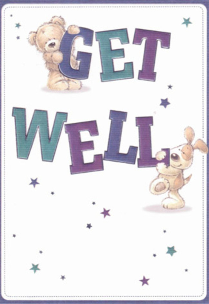 Bathed in gentle encouragement, this get well card is a celebration of care that feels right at home in Purfleet. Friendly illustrations of a lovable bear and a puppy occupy centre stage, surrounded by swirling stars that seem to carry heartfelt wishes across the River Thames breeze. The design's confident typography is shaded in purples and aquas, grounding the mood in cheerful reassurance. Imagining the soft fluff of the bear and velvety ears of the puppy, the texture almost leaps from the page, not unlike the feel of freshly gathered petals in bouquets arranged by skilled hands at Flowers Purfleet. Visualise sending this card alongside a bouquet-the pairing radiates positivity, ready to uplift anyone recuperating near the Purfleet Quays or Station Road. The overall lightness and joy woven into the design make it perfect for sharing kindness across generations in our riverside town.